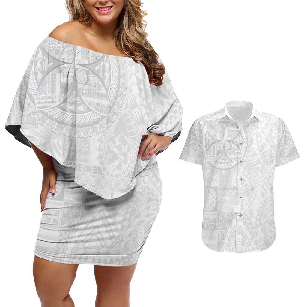 Samoan Culture-Lotu Tamaiti Couples Matching Off Shoulder Short Dress and Hawaiian Shirt Siapo and Polynesian Art Tattoos - Polynesian Pride