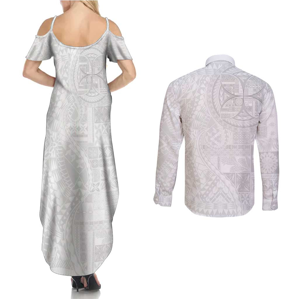 Samoan Culture-Lotu Tamaiti Couples Matching Summer Maxi Dress and Long Sleeve Button Shirt Siapo and Polynesian Art Tattoos - Polynesian Pride