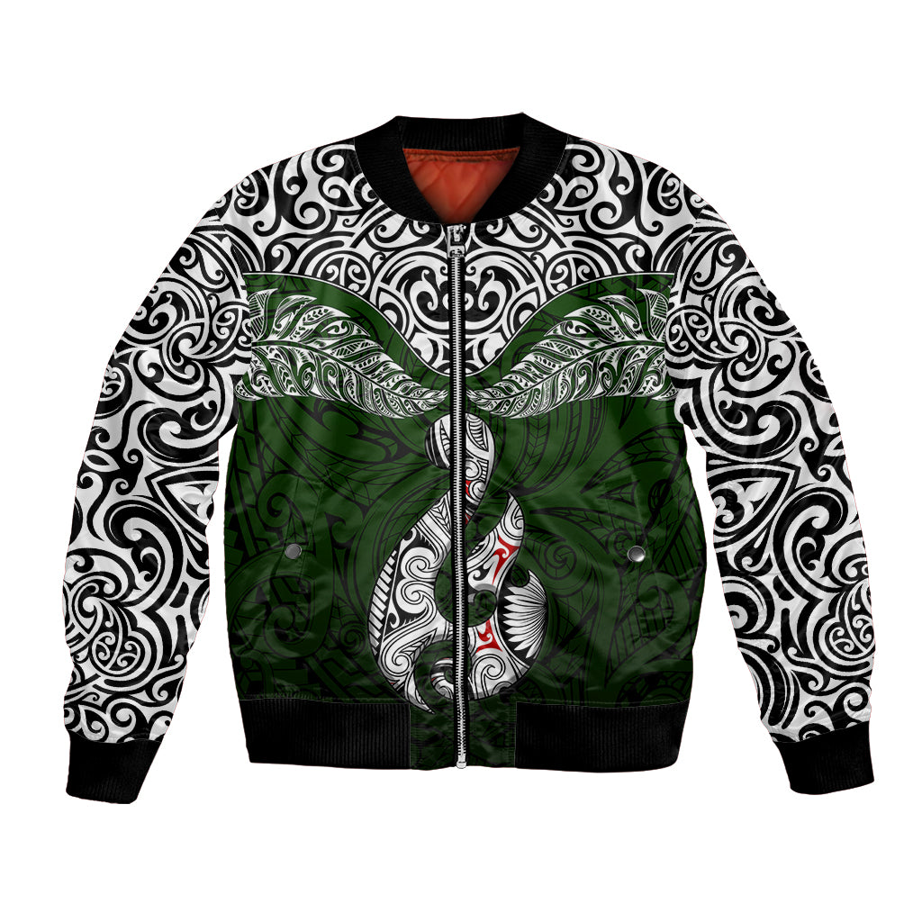 Aotearoa New Zealand Bomber Jacket Silver Fern and Matau with Maori Tribal Green Style LT03 Unisex Green - Polynesian Pride