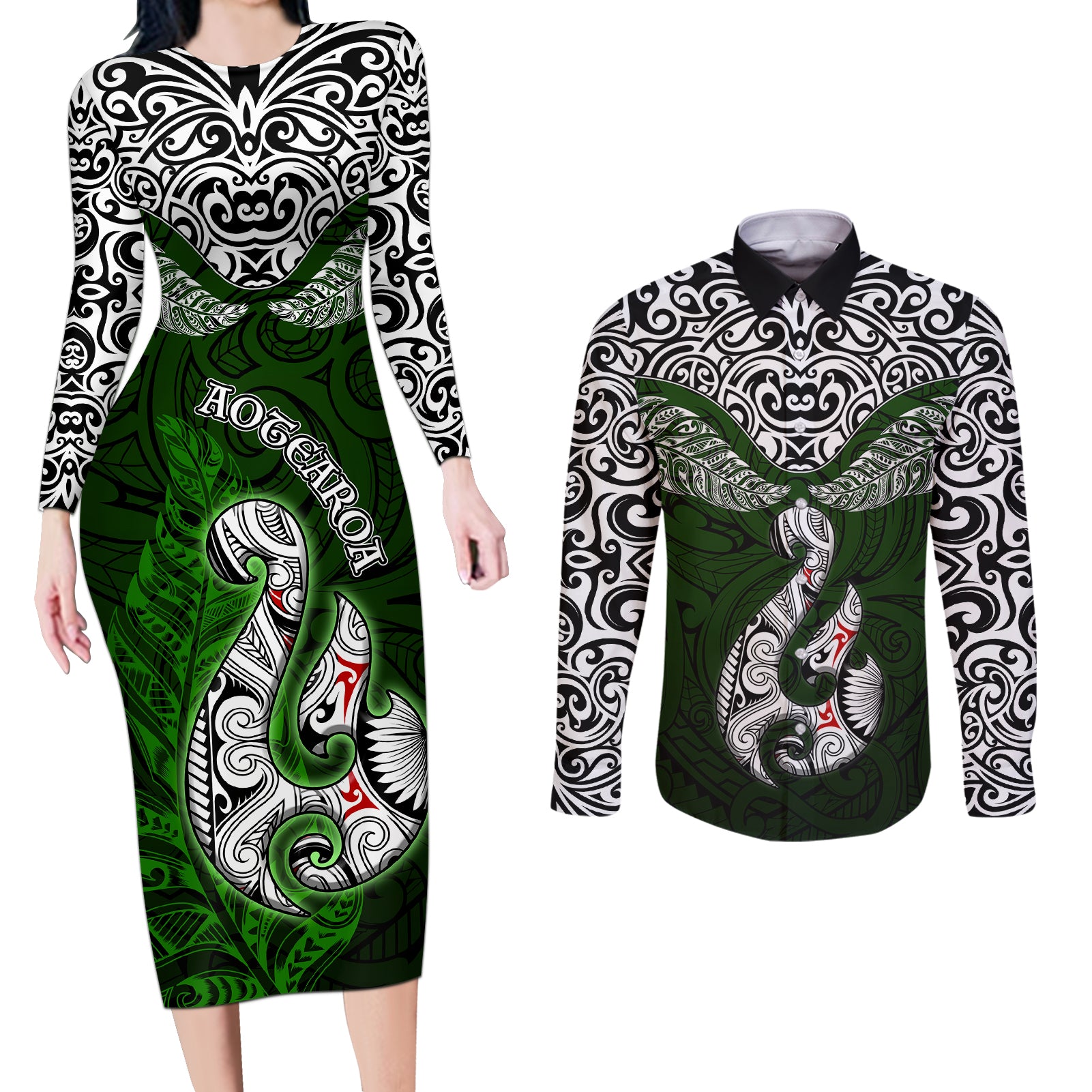 Aotearoa New Zealand Couples Matching Long Sleeve Bodycon Dress and Long Sleeve Button Shirts Silver Fern and Matau with Maori Tribal Green Style LT03 Green - Polynesian Pride