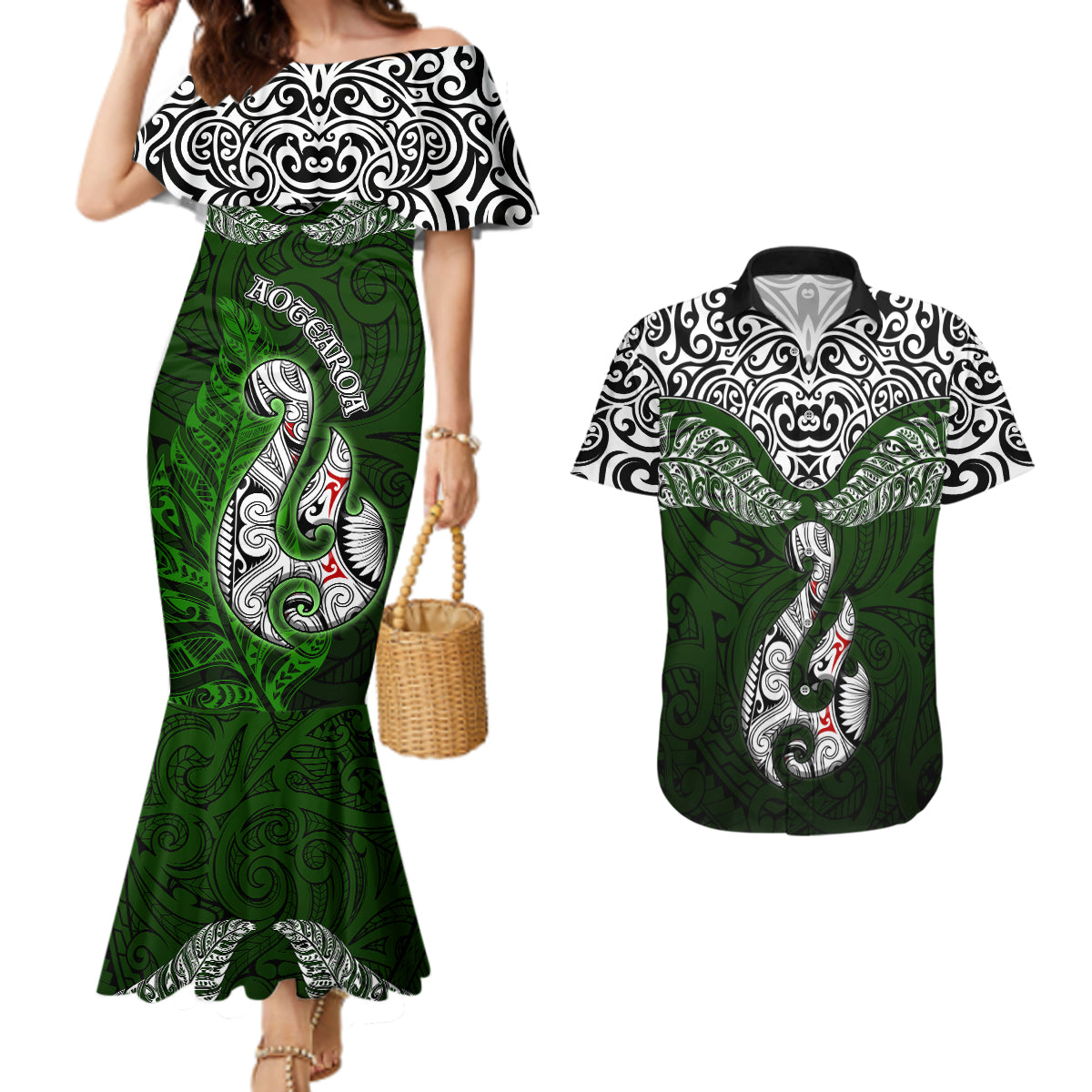 Aotearoa New Zealand Couples Matching Mermaid Dress and Hawaiian Shirt Silver Fern and Matau with Maori Tribal Green Style LT03 Green - Polynesian Pride