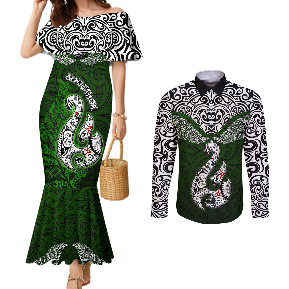 Aotearoa New Zealand Couples Matching Mermaid Dress and Long Sleeve Button Shirts Silver Fern and Matau with Maori Tribal Green Style LT03 Green - Polynesian Pride