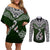 Aotearoa New Zealand Couples Matching Off Shoulder Short Dress and Long Sleeve Button Shirts Silver Fern and Matau with Maori Tribal Green Style LT03 Green - Polynesian Pride