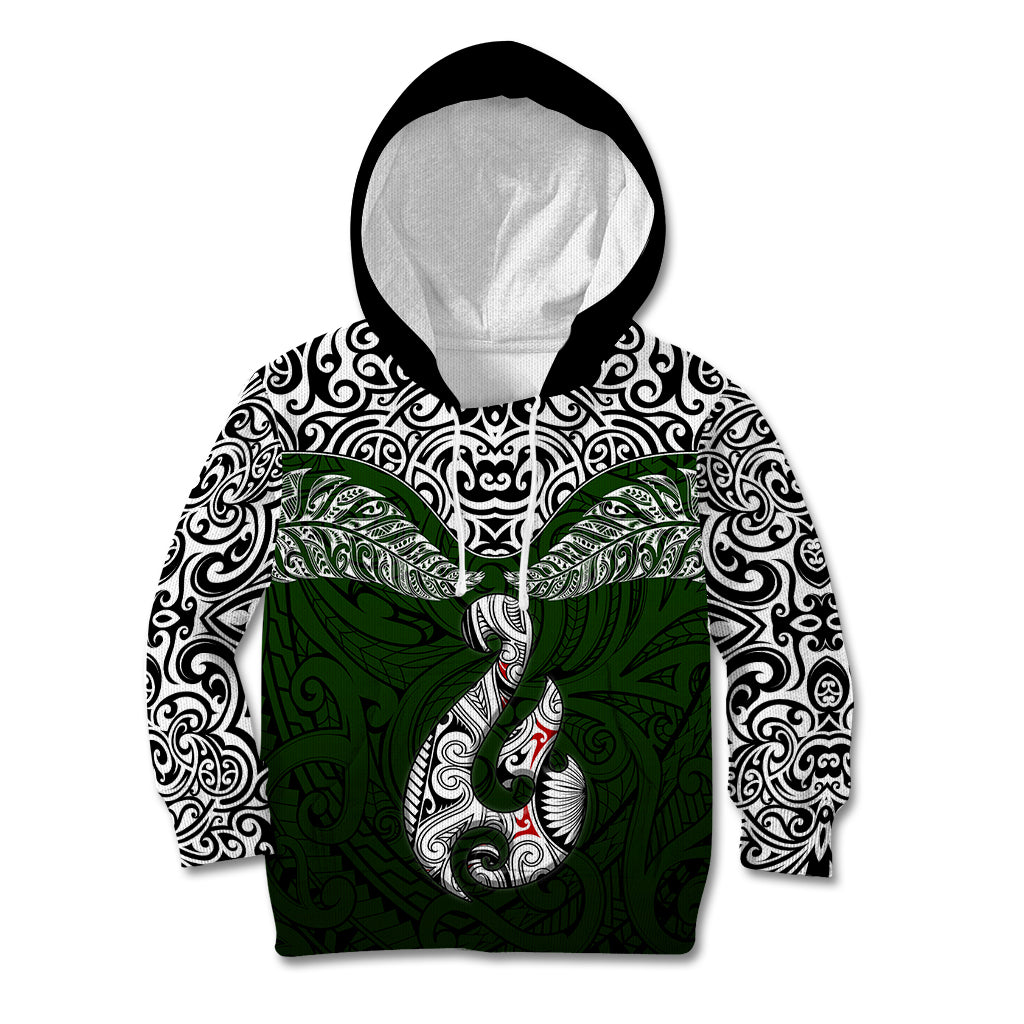 Aotearoa New Zealand Kid Hoodie Silver Fern and Matau with Maori Tribal Green Style LT03 Green - Polynesian Pride