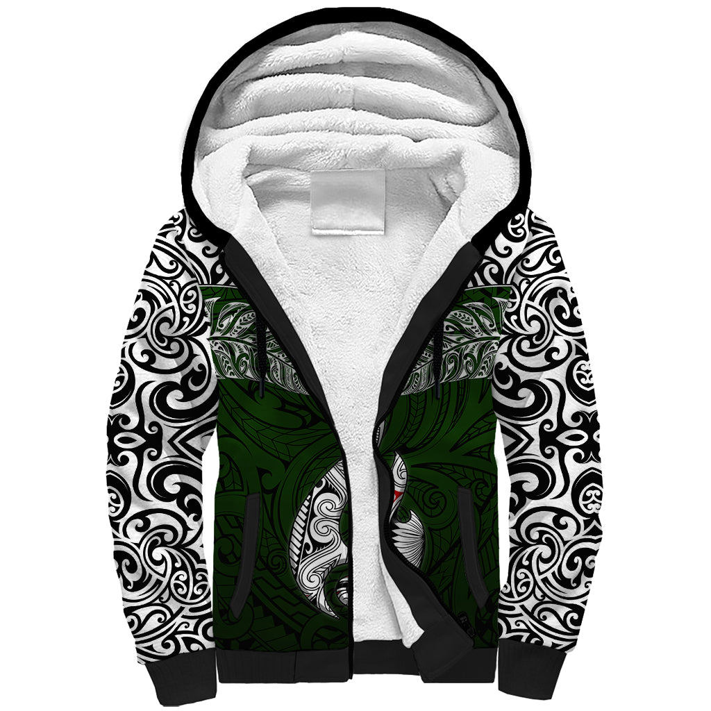 Aotearoa New Zealand Sherpa Hoodie Silver Fern and Matau with Maori Tribal Green Style LT03 Unisex Green - Polynesian Pride