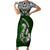 Aotearoa New Zealand Short Sleeve Bodycon Dress Silver Fern and Matau with Maori Tribal Green Style LT03 Long Dress Green - Polynesian Pride