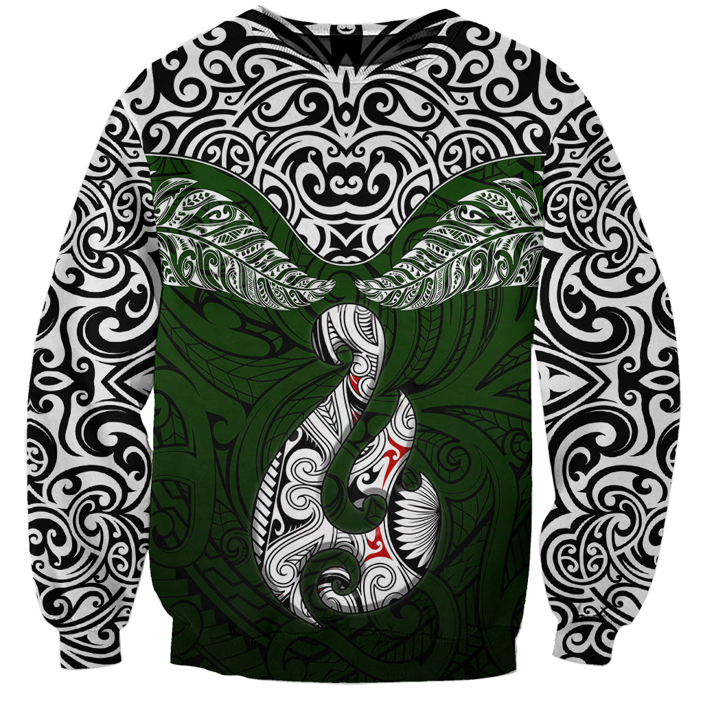 Aotearoa New Zealand Sweatshirt Silver Fern and Matau with Maori Tribal Green Style LT03 Unisex Green - Polynesian Pride