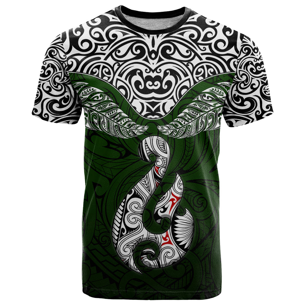 Aotearoa New Zealand T Shirt Silver Fern and Matau with Maori Tribal Green Style LT03 Green - Polynesian Pride