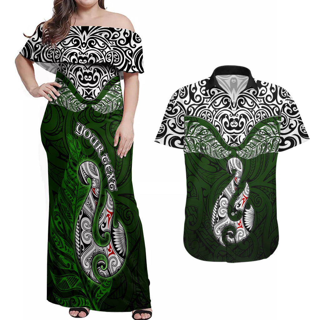 Custom Aotearoa New Zealand Couples Matching Off Shoulder Maxi Dress and Hawaiian Shirt Silver Fern and Matau with Maori Tribal Green Style LT03 Green - Polynesian Pride