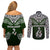 Custom Aotearoa New Zealand Couples Matching Off Shoulder Short Dress and Long Sleeve Button Shirts Silver Fern and Matau with Maori Tribal Green Style LT03 - Polynesian Pride