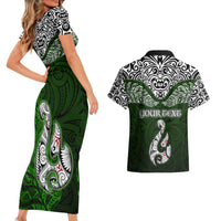 Custom Aotearoa New Zealand Couples Matching Short Sleeve Bodycon Dress and Hawaiian Shirt Silver Fern and Matau with Maori Tribal Green Style LT03 - Polynesian Pride