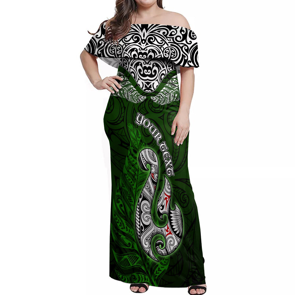 Custom Aotearoa New Zealand Off Shoulder Maxi Dress Silver Fern and Matau with Maori Tribal Green Style LT03 Women Green - Polynesian Pride