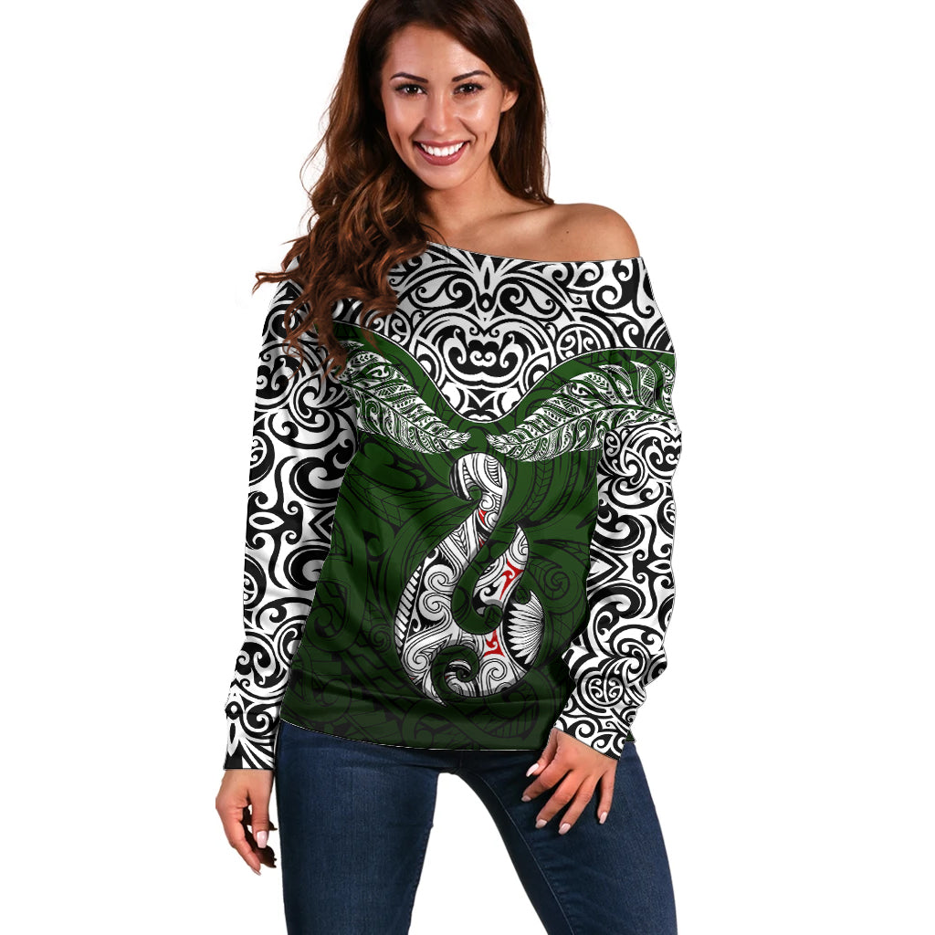 Custom Aotearoa New Zealand Off Shoulder Sweater Silver Fern and Matau with Maori Tribal Green Style LT03 Women Green - Polynesian Pride