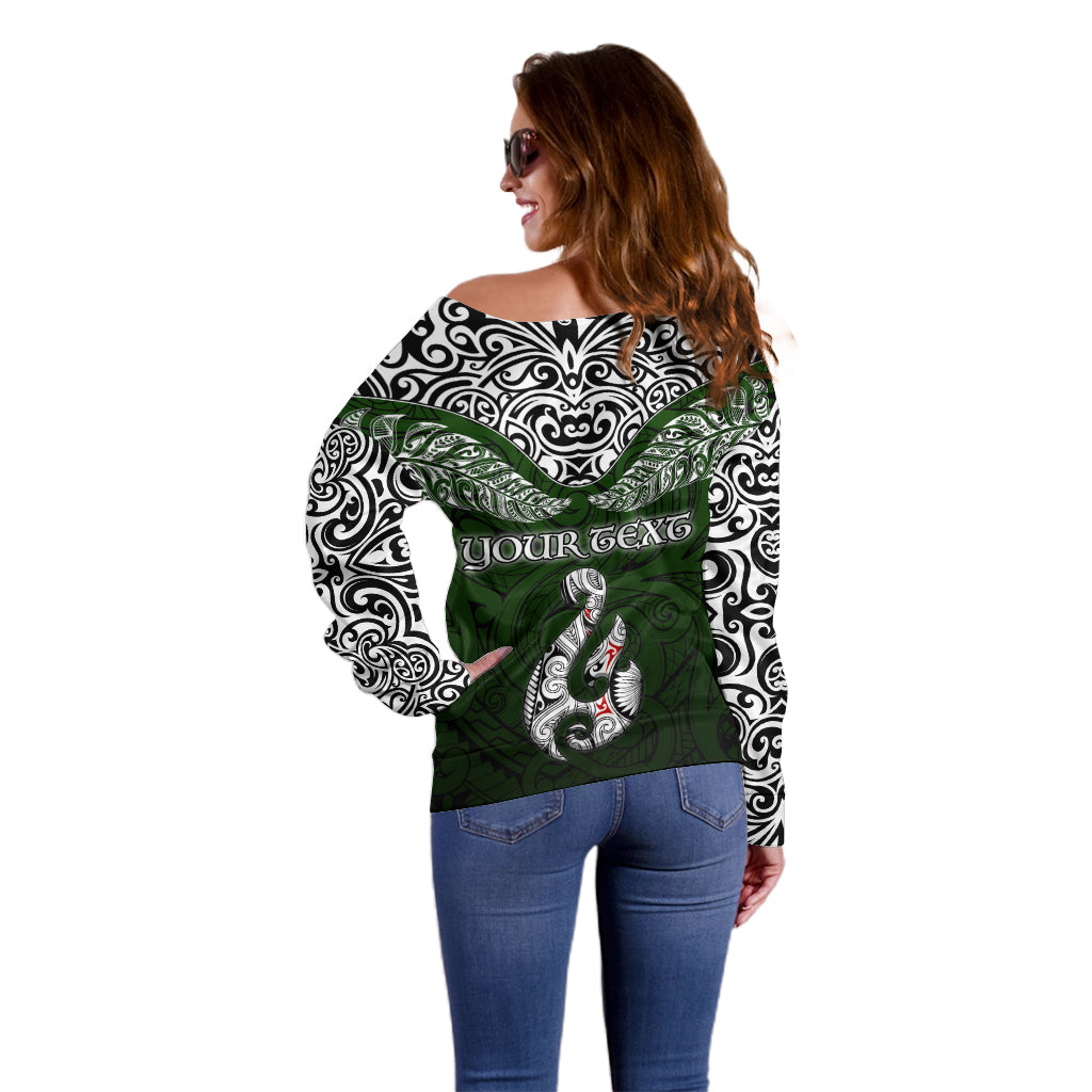 Custom Aotearoa New Zealand Off Shoulder Sweater Silver Fern and Matau with Maori Tribal Green Style LT03 - Polynesian Pride