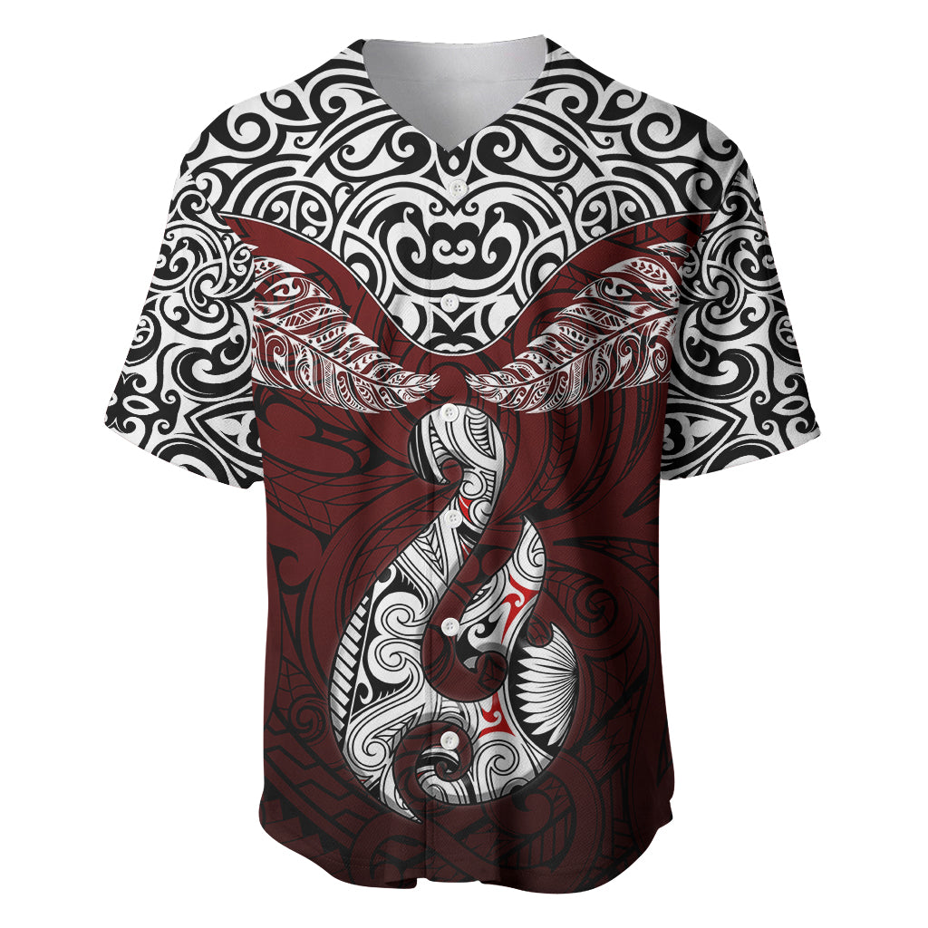 Aotearoa New Zealand Baseball Jersey Silver Fern and Matau with Maori Tribal Red Style LT03 Red - Polynesian Pride