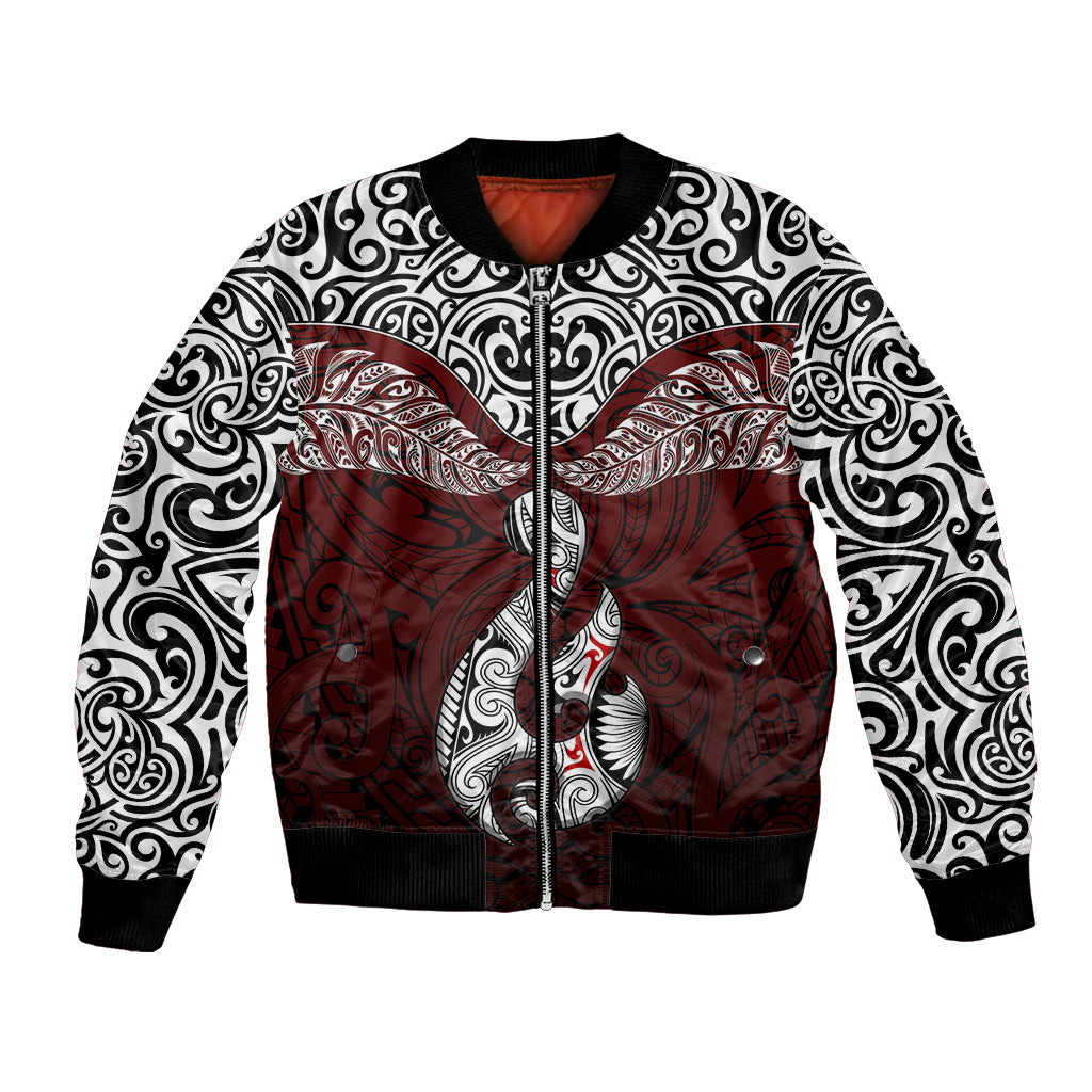 Aotearoa New Zealand Bomber Jacket Silver Fern and Matau with Maori Tribal Red Style LT03 Unisex Red - Polynesian Pride