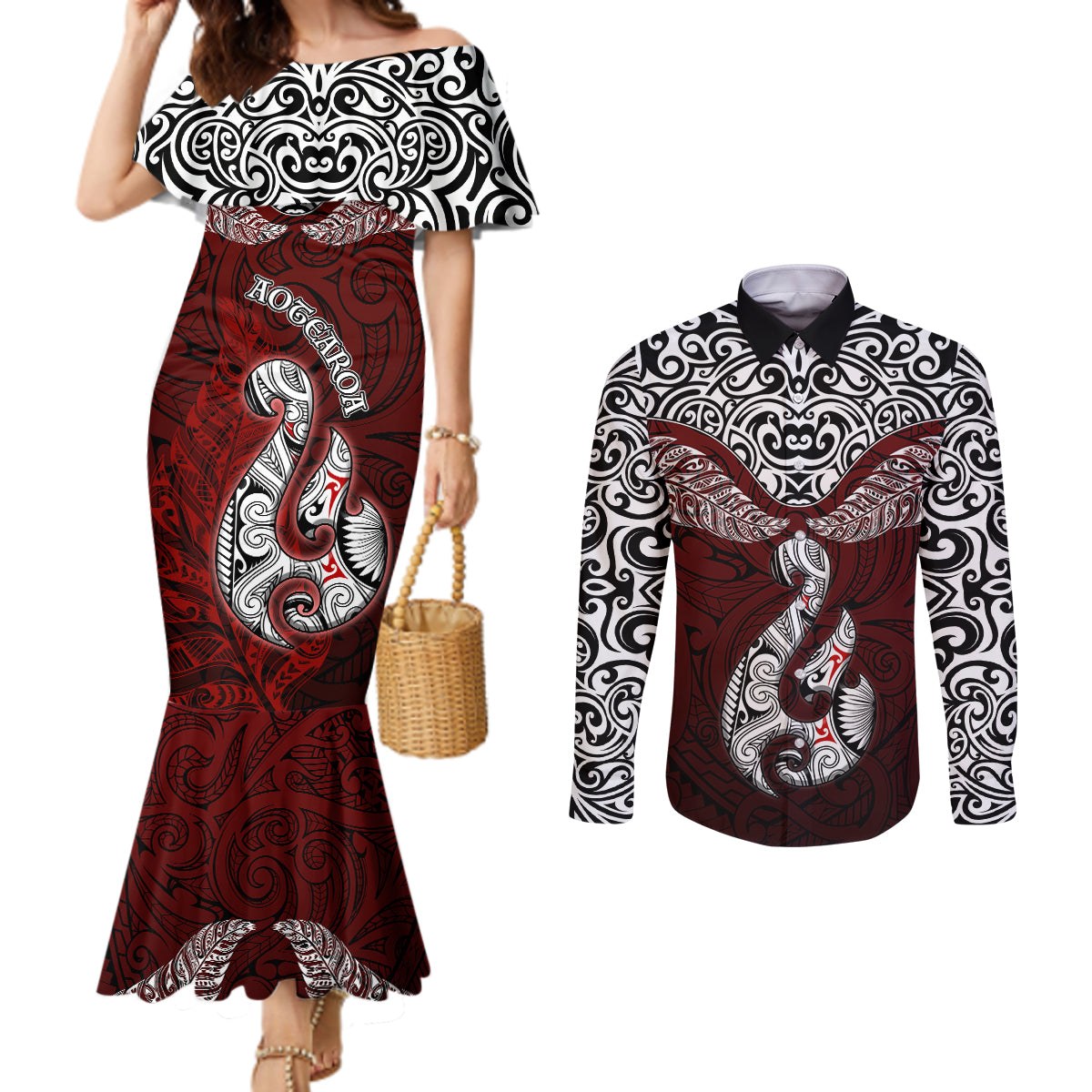 Aotearoa New Zealand Couples Matching Mermaid Dress and Long Sleeve Button Shirts Silver Fern and Matau with Maori Tribal Red Style LT03 Red - Polynesian Pride