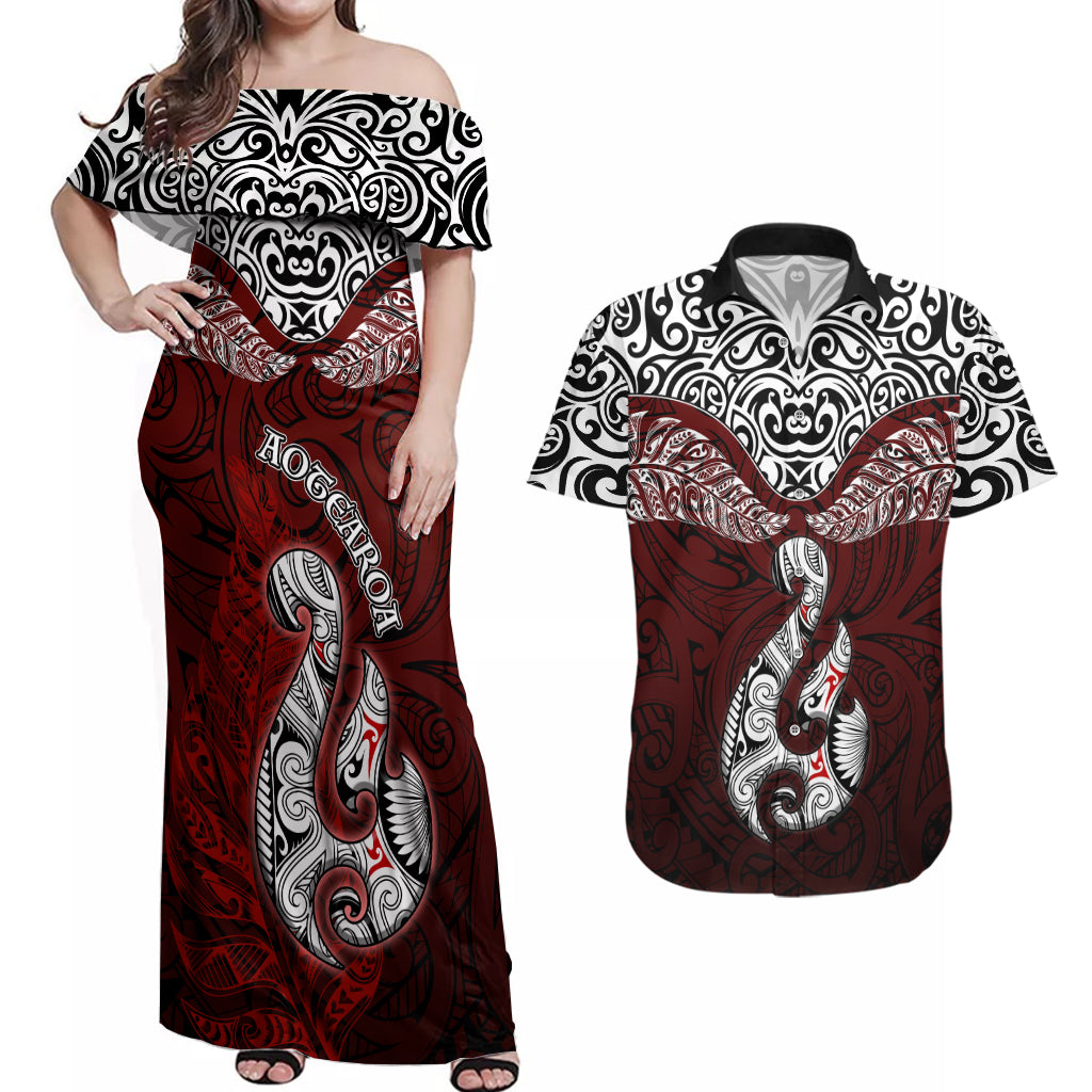 Aotearoa New Zealand Couples Matching Off Shoulder Maxi Dress and Hawaiian Shirt Silver Fern and Matau with Maori Tribal Red Style LT03 Red - Polynesian Pride