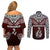 Aotearoa New Zealand Couples Matching Off Shoulder Short Dress and Long Sleeve Button Shirts Silver Fern and Matau with Maori Tribal Red Style LT03 - Polynesian Pride