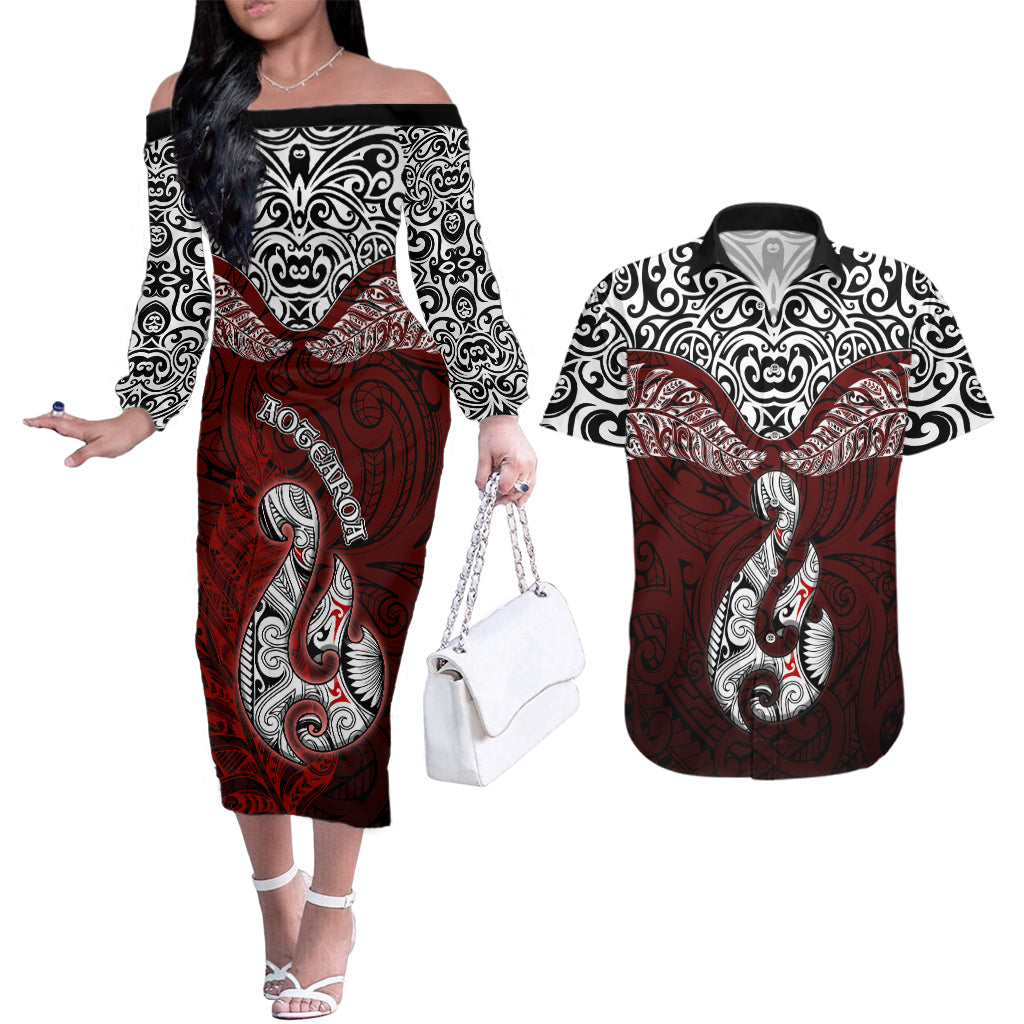 Aotearoa New Zealand Couples Matching Off The Shoulder Long Sleeve Dress and Hawaiian Shirt Silver Fern and Matau with Maori Tribal Red Style LT03 Red - Polynesian Pride