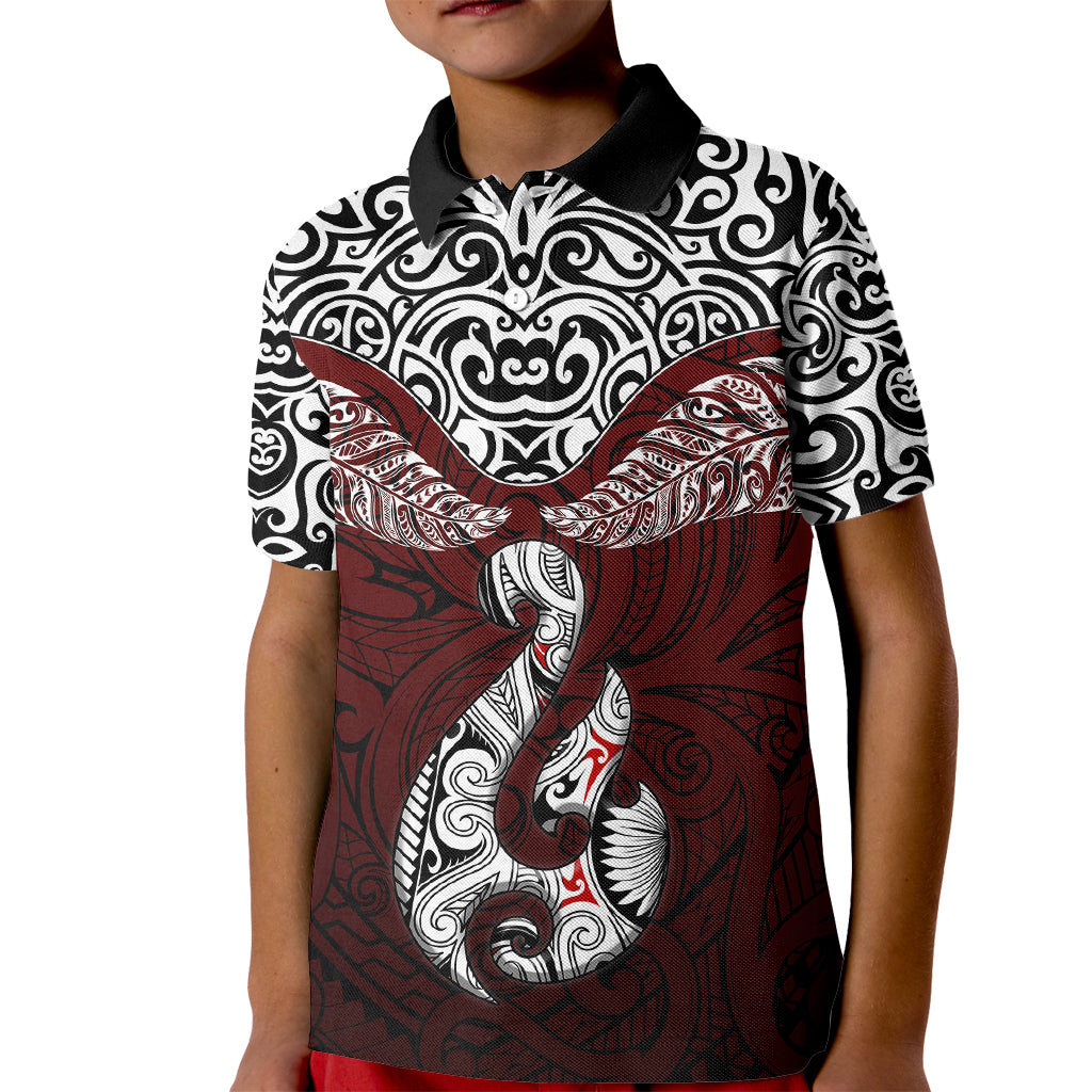 Aotearoa New Zealand Kid Polo Shirt Silver Fern and Matau with Maori Tribal Red Style LT03 Kid Red - Polynesian Pride