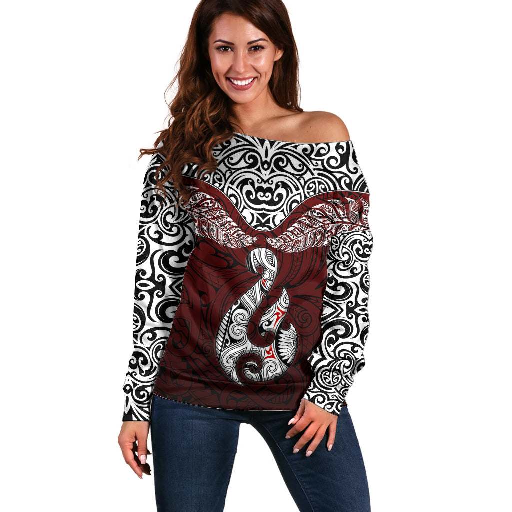 Aotearoa New Zealand Off Shoulder Sweater Silver Fern and Matau with Maori Tribal Red Style LT03 Women Red - Polynesian Pride