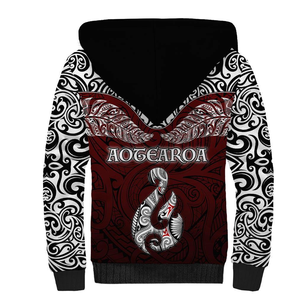 Aotearoa New Zealand Sherpa Hoodie Silver Fern and Matau with Maori Tribal Red Style LT03 - Polynesian Pride