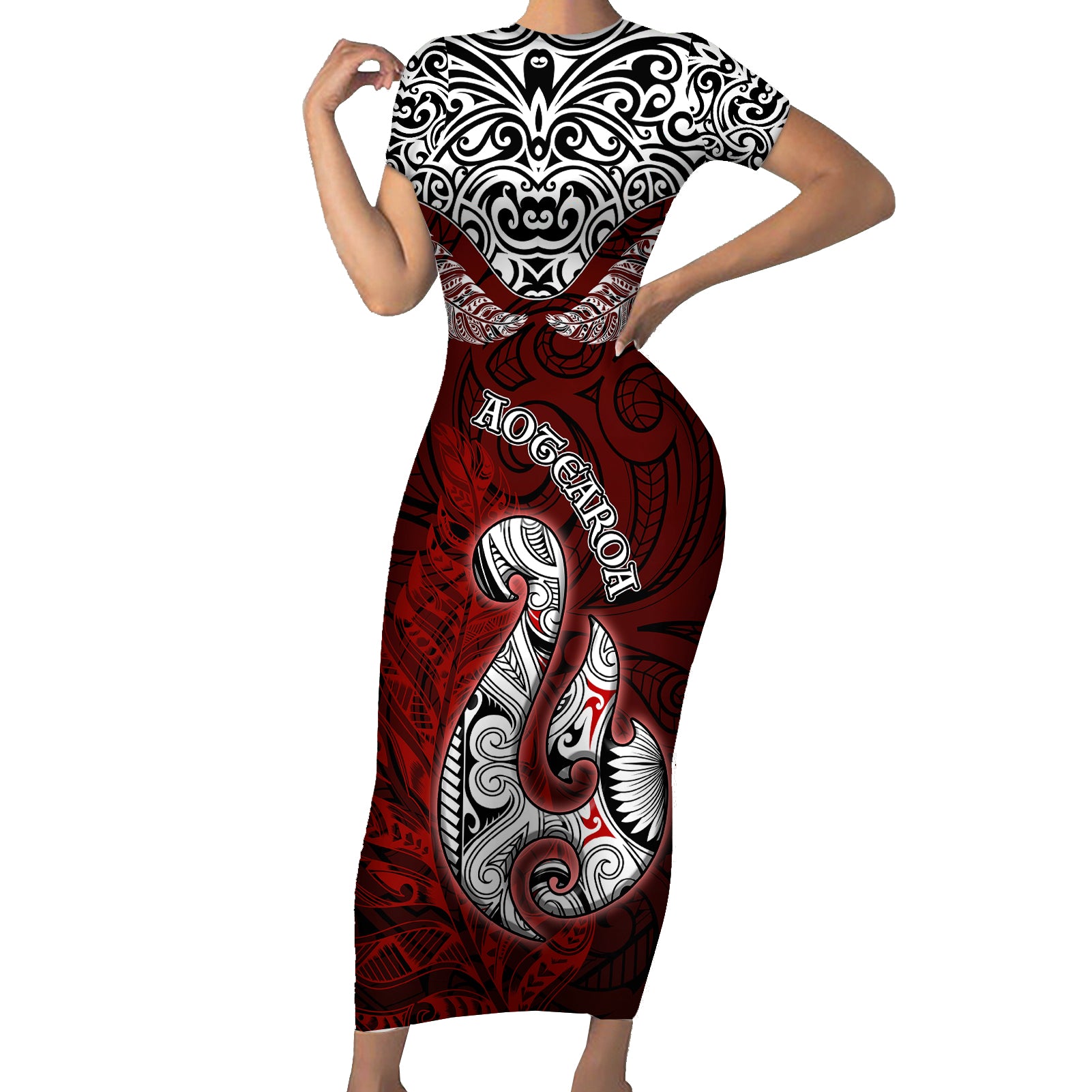 Aotearoa New Zealand Short Sleeve Bodycon Dress Silver Fern and Matau with Maori Tribal Red Style LT03 Long Dress Red - Polynesian Pride