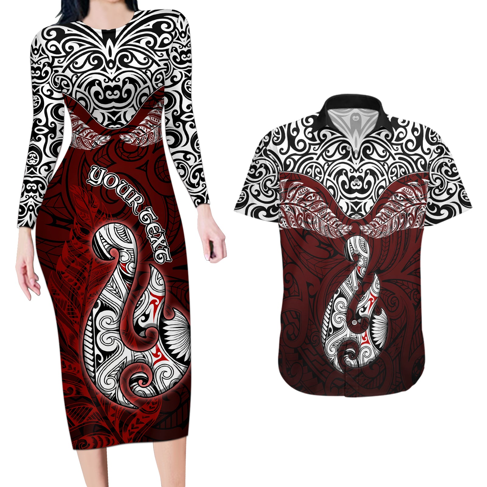 Custom Aotearoa New Zealand Couples Matching Long Sleeve Bodycon Dress and Hawaiian Shirt Silver Fern and Matau with Maori Tribal Red Style LT03 Red - Polynesian Pride