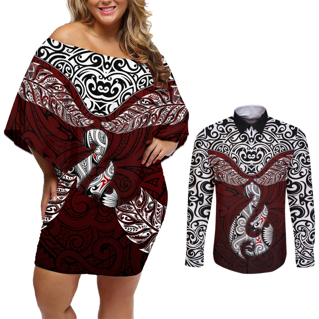 Custom Aotearoa New Zealand Couples Matching Off Shoulder Short Dress and Long Sleeve Button Shirts Silver Fern and Matau with Maori Tribal Red Style LT03 Red - Polynesian Pride