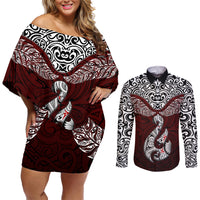 Custom Aotearoa New Zealand Couples Matching Off Shoulder Short Dress and Long Sleeve Button Shirts Silver Fern and Matau with Maori Tribal Red Style LT03 Red - Polynesian Pride