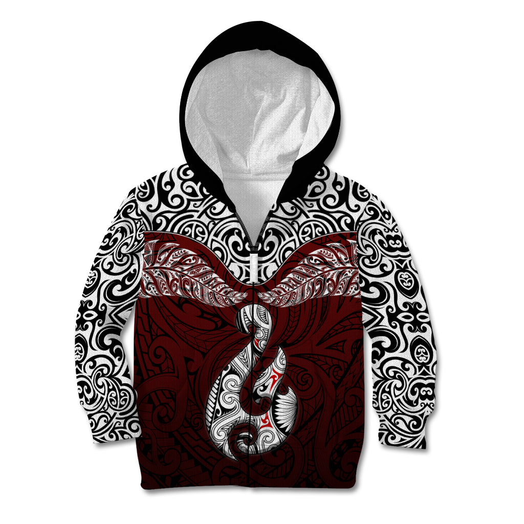 Custom Aotearoa New Zealand Kid Hoodie Silver Fern and Matau with Maori Tribal Red Style LT03 - Polynesian Pride