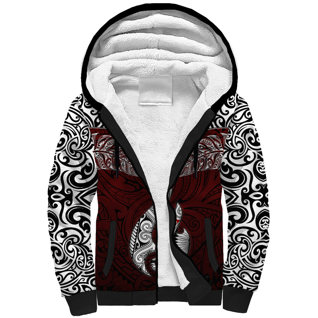 Custom Aotearoa New Zealand Sherpa Hoodie Silver Fern and Matau with Maori Tribal Red Style LT03 Unisex Red - Polynesian Pride