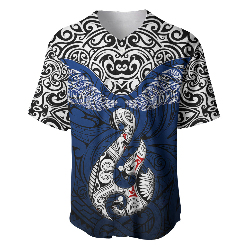 Aotearoa New Zealand Baseball Jersey Silver Fern and Matau with Maori Tribal Blue Style LT03 Blue - Polynesian Pride