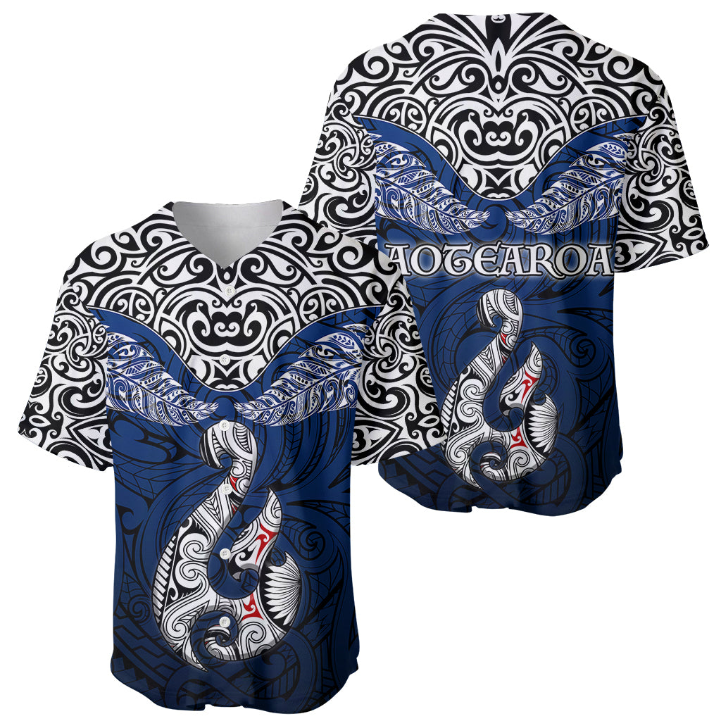 Aotearoa New Zealand Baseball Jersey Silver Fern and Matau with Maori Tribal Blue Style LT03 - Polynesian Pride