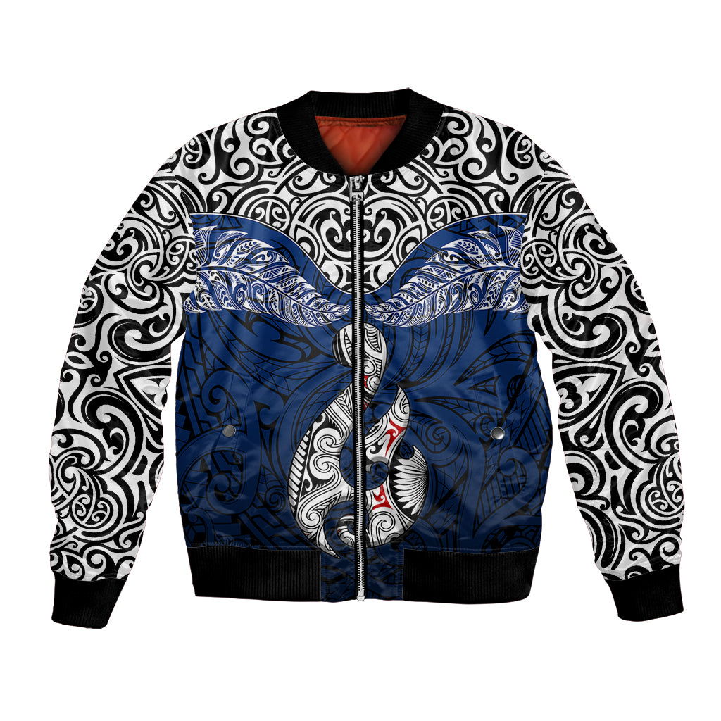 Aotearoa New Zealand Bomber Jacket Silver Fern and Matau with Maori Tribal Blue Style LT03 Unisex Blue - Polynesian Pride