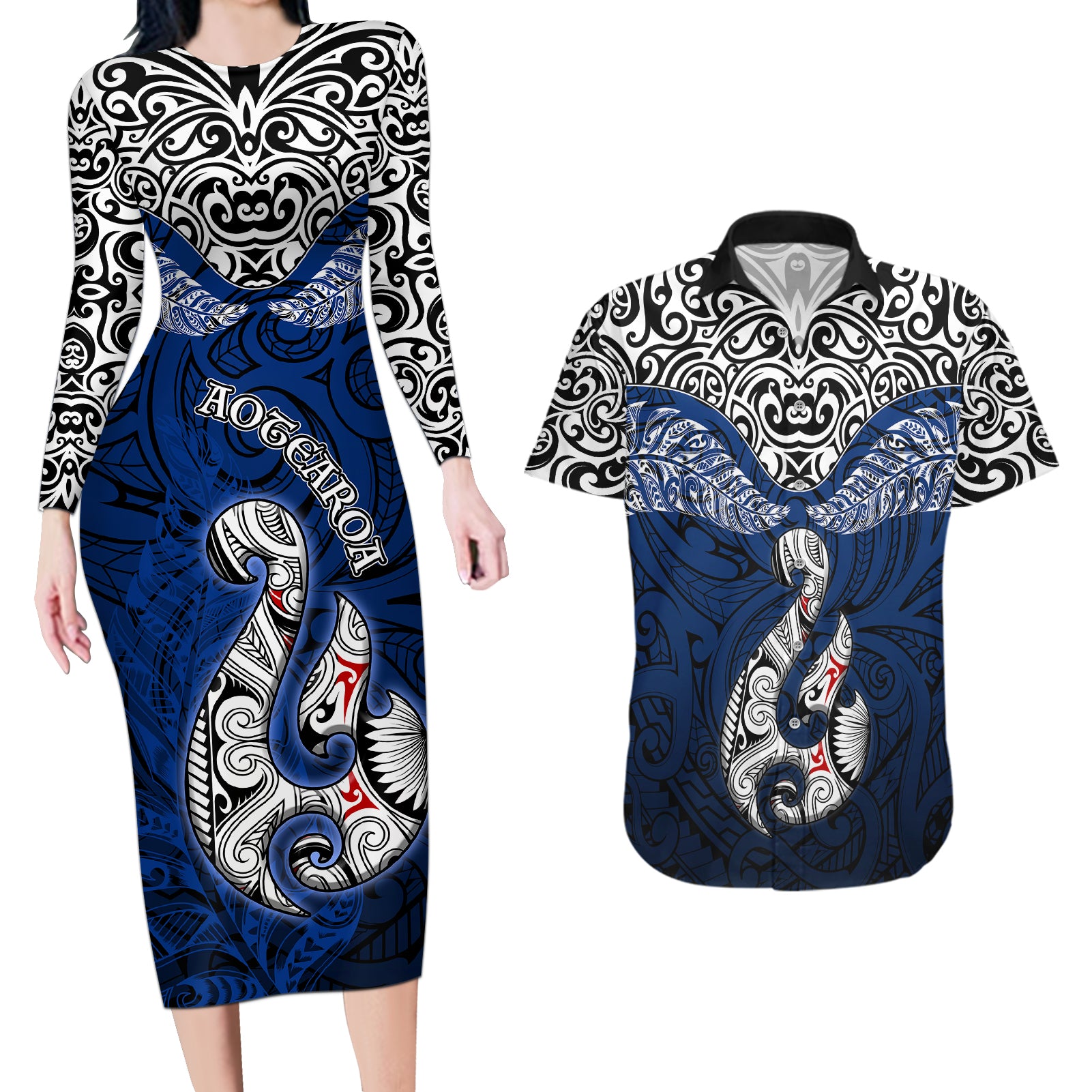 Aotearoa New Zealand Couples Matching Long Sleeve Bodycon Dress and Hawaiian Shirt Silver Fern and Matau with Maori Tribal Blue Style LT03 Blue - Polynesian Pride