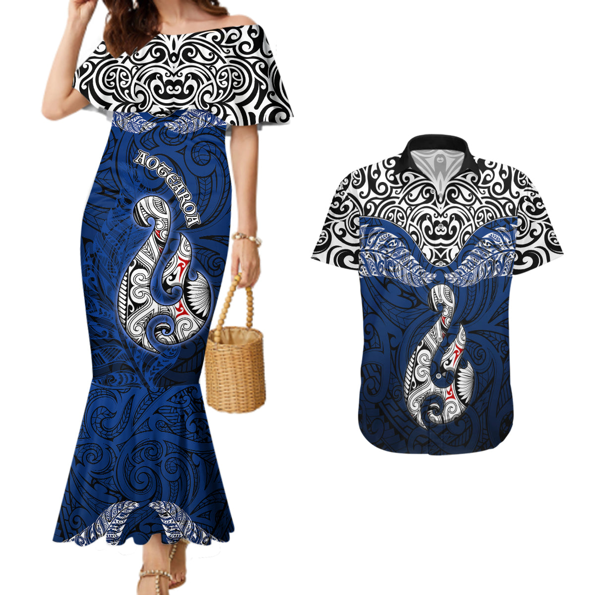 Aotearoa New Zealand Couples Matching Mermaid Dress and Hawaiian Shirt Silver Fern and Matau with Maori Tribal Blue Style LT03 Blue - Polynesian Pride