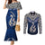 Aotearoa New Zealand Couples Matching Mermaid Dress and Long Sleeve Button Shirts Silver Fern and Matau with Maori Tribal Blue Style LT03 Blue - Polynesian Pride