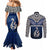 Aotearoa New Zealand Couples Matching Mermaid Dress and Long Sleeve Button Shirts Silver Fern and Matau with Maori Tribal Blue Style LT03 - Polynesian Pride