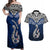 Aotearoa New Zealand Couples Matching Off Shoulder Maxi Dress and Hawaiian Shirt Silver Fern and Matau with Maori Tribal Blue Style LT03 Blue - Polynesian Pride