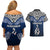 Aotearoa New Zealand Couples Matching Off Shoulder Short Dress and Hawaiian Shirt Silver Fern and Matau with Maori Tribal Blue Style LT03 - Polynesian Pride