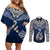 Aotearoa New Zealand Couples Matching Off Shoulder Short Dress and Long Sleeve Button Shirts Silver Fern and Matau with Maori Tribal Blue Style LT03 Blue - Polynesian Pride