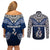 Aotearoa New Zealand Couples Matching Off Shoulder Short Dress and Long Sleeve Button Shirts Silver Fern and Matau with Maori Tribal Blue Style LT03 - Polynesian Pride