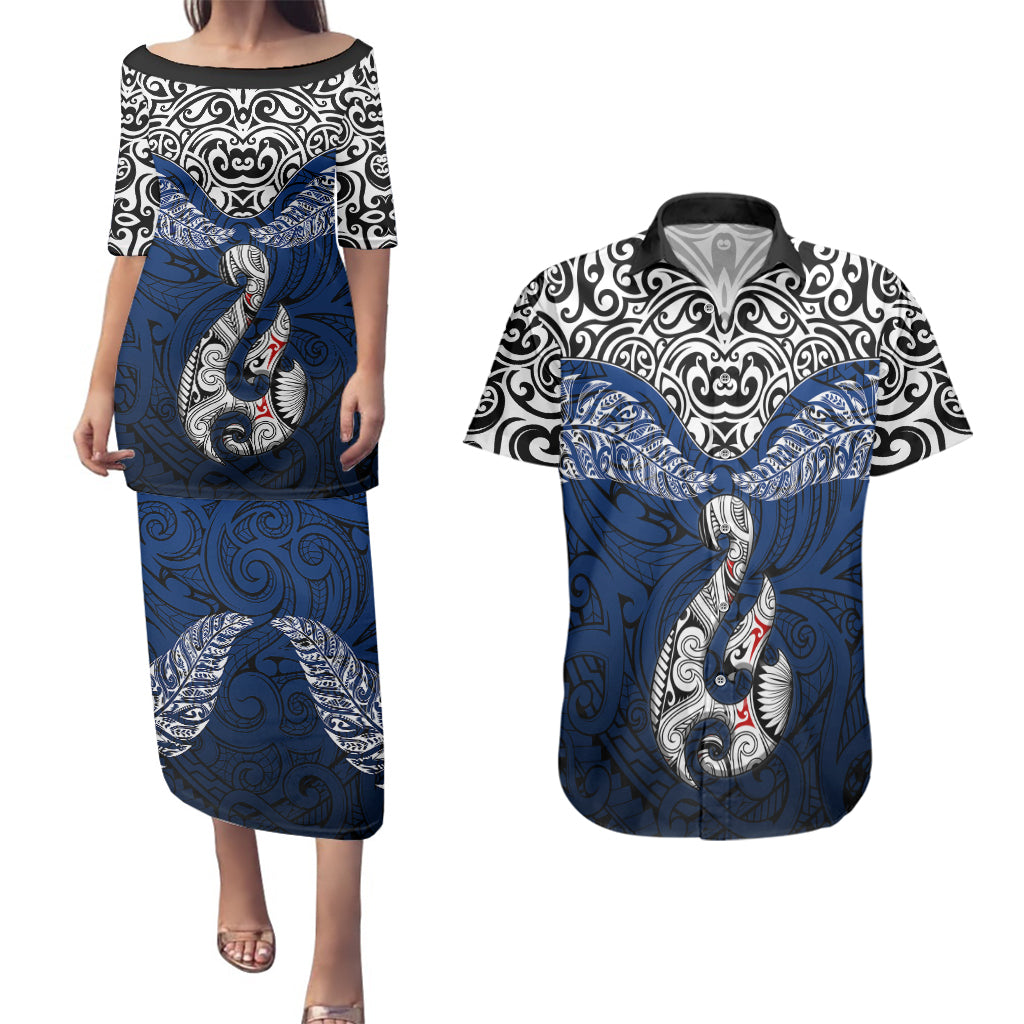 Aotearoa New Zealand Couples Matching Puletasi Dress and Hawaiian Shirt Silver Fern and Matau with Maori Tribal Blue Style LT03 Blue - Polynesian Pride