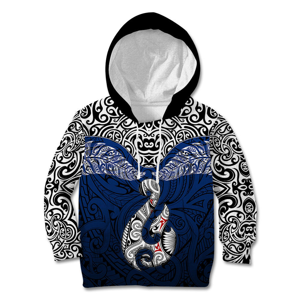 Aotearoa New Zealand Kid Hoodie Silver Fern and Matau with Maori Tribal Blue Style LT03 Blue - Polynesian Pride