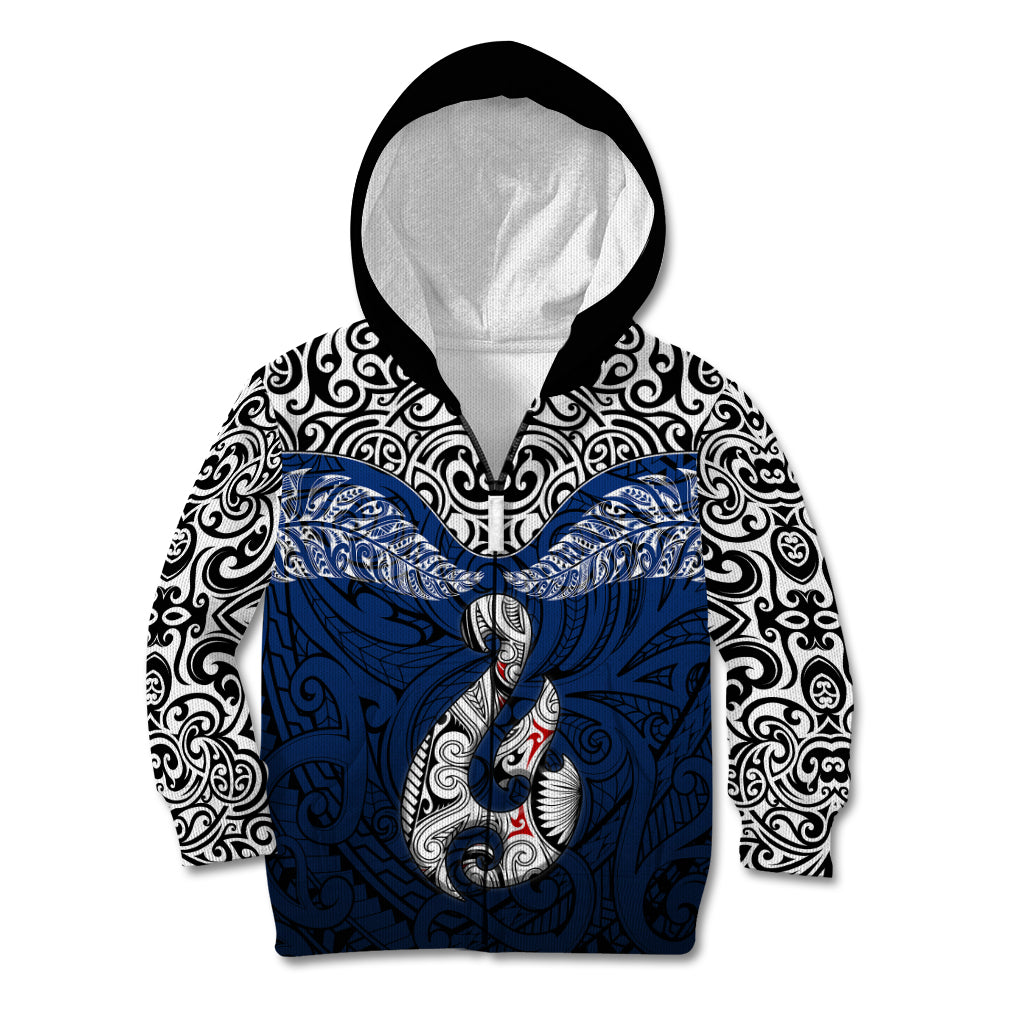 Aotearoa New Zealand Kid Hoodie Silver Fern and Matau with Maori Tribal Blue Style LT03 - Polynesian Pride