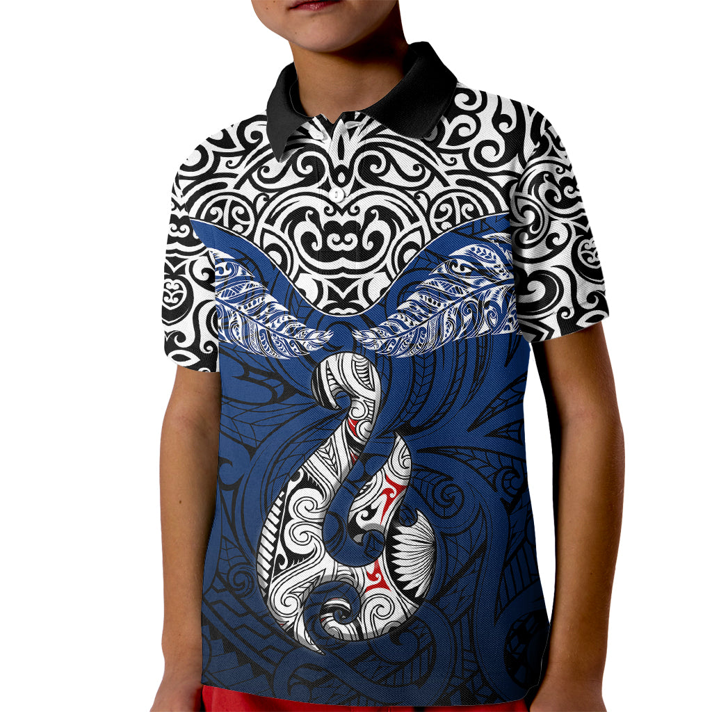 Aotearoa New Zealand Kid Polo Shirt Silver Fern and Matau with Maori Tribal Blue Style LT03 Kid Blue - Polynesian Pride