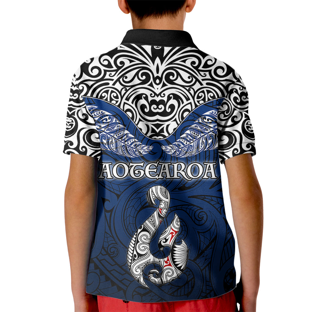 Aotearoa New Zealand Kid Polo Shirt Silver Fern and Matau with Maori Tribal Blue Style LT03 - Polynesian Pride