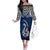 Aotearoa New Zealand Off The Shoulder Long Sleeve Dress Silver Fern and Matau with Maori Tribal Blue Style LT03 Women Blue - Polynesian Pride